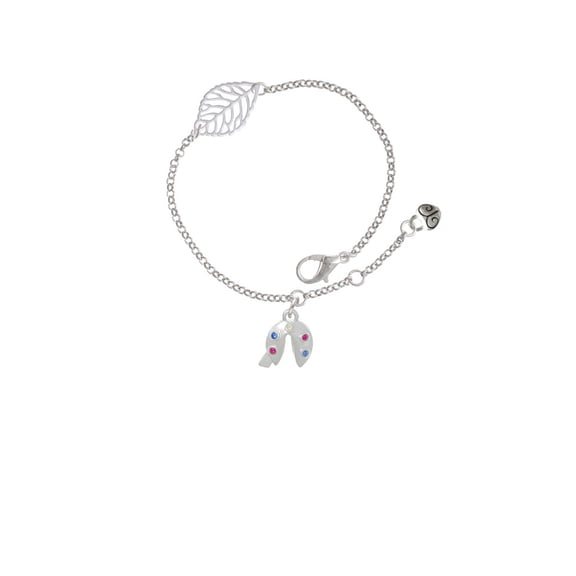 Delight Jewelry Multicolored Crystal Fortune Cookie - Silvertone Leaf Delicate Bracelet, 6.25+1.75"