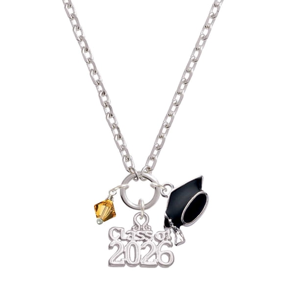 Delight Jewelry November - Yellow Crystal Bicone - Silvertone Class of 2026 Graduation Zoey Charm Necklace, 28"