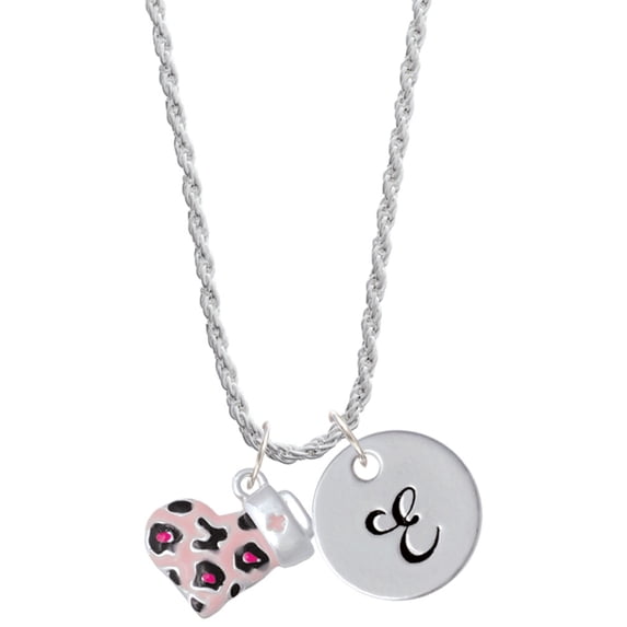 Delight Jewelry Pink Cheetah Print Heart with Nurse Hat Silvertone Script Initial Disc - E - Charm Necklace, 20"+3"