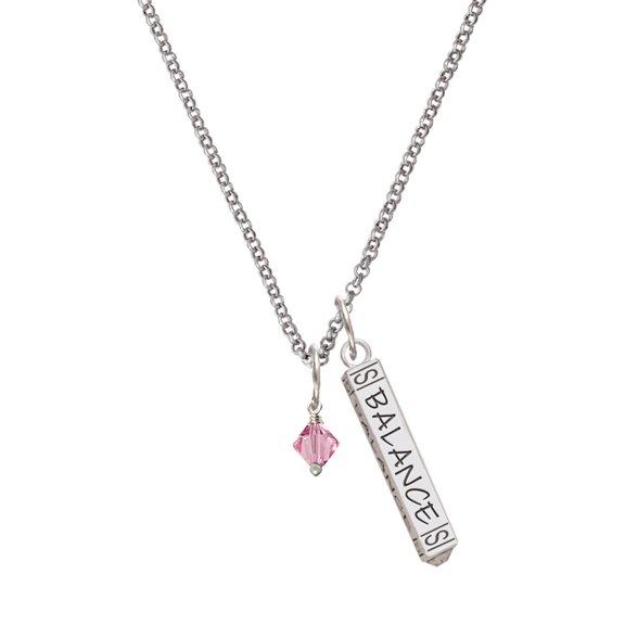 Delight Jewelry Pink Crystal Bicone Silvertone Balance Bar Charm Necklace, 23"