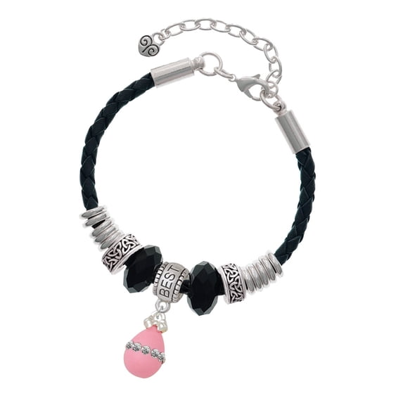 Delight Jewelry Pink Easter Egg with Clear Crystal Band Best Friend Celtic Knot Leather Bead Bracelet, 7"+2" Extender