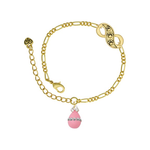 Delight Jewelry Pink Easter Egg with Clear Crystal Band Gold-tone Paw Infinity Link Chain Bracelet, 6"+2" Extender