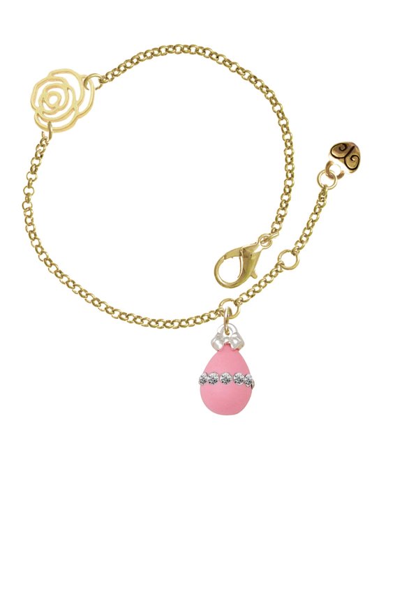 Pink Easter Egg with Clear Crystal Band Gold-tone Rose Link Chain Bracelet, 6.25"+1.75" Extender