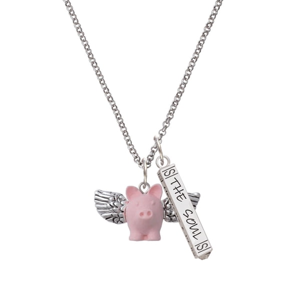 Delight Jewelry Pink Flying Pig with Wings Silvertone Hope Anchors the Soul Bar Charm Necklace, 23"