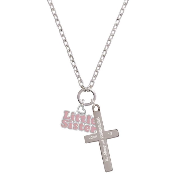 Delight Jewelry Pink ''Little Sister'' with Heart Be Strong and Courageous Engraved Cross Zoey Necklace, 28"