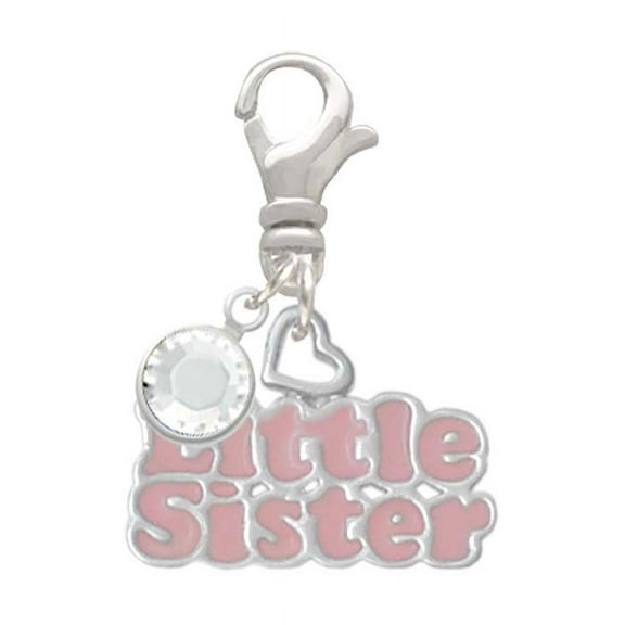 Delight Jewelry Pink ''Little Sister'' with Heart - Silvertone Clip on Charm with Clear Crystal Drop