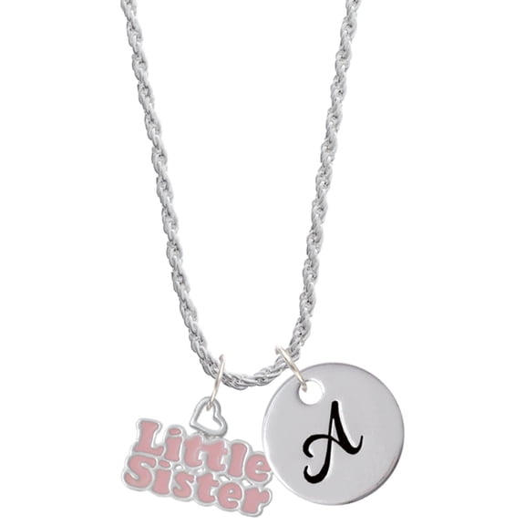 Delight Jewelry Pink ''Little Sister'' with Heart Silvertone Script Initial Disc - A - Charm Necklace, 20"+3"