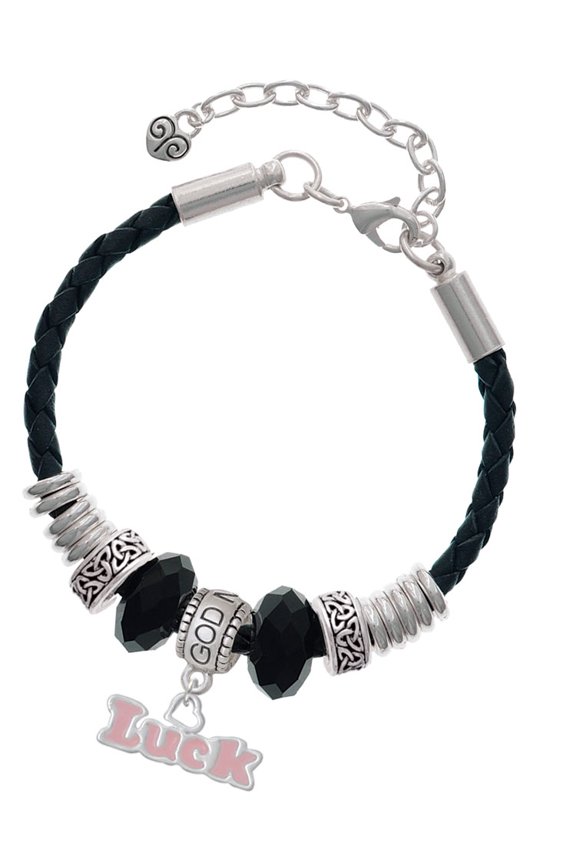 Pink ''Luck'' with Heart Godmother Celtic Knot Leather Bead Bracelet, 7"+2" Extender