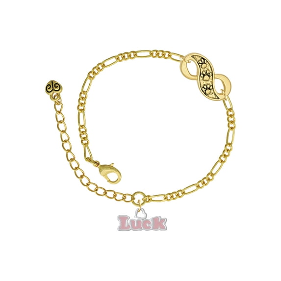 Delight Jewelry Pink ''Luck'' with Heart Gold-tone Paw Infinity Link Chain Bracelet, 6"+2" Extender