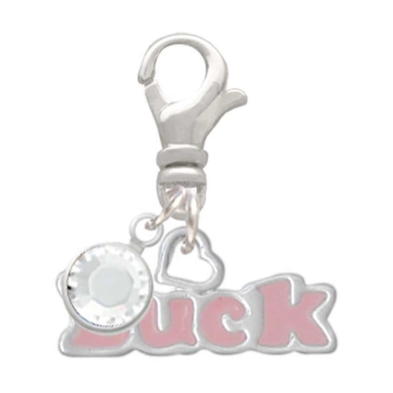 Delight Jewelry Pink ''Luck'' with Heart - Silvertone Clip on Charm with Clear Crystal Drop