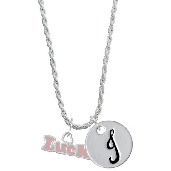 Delight Jewelry Pink ''Luck'' with Heart Silvertone Script Initial Disc - J - Charm Necklace, 20"+3"