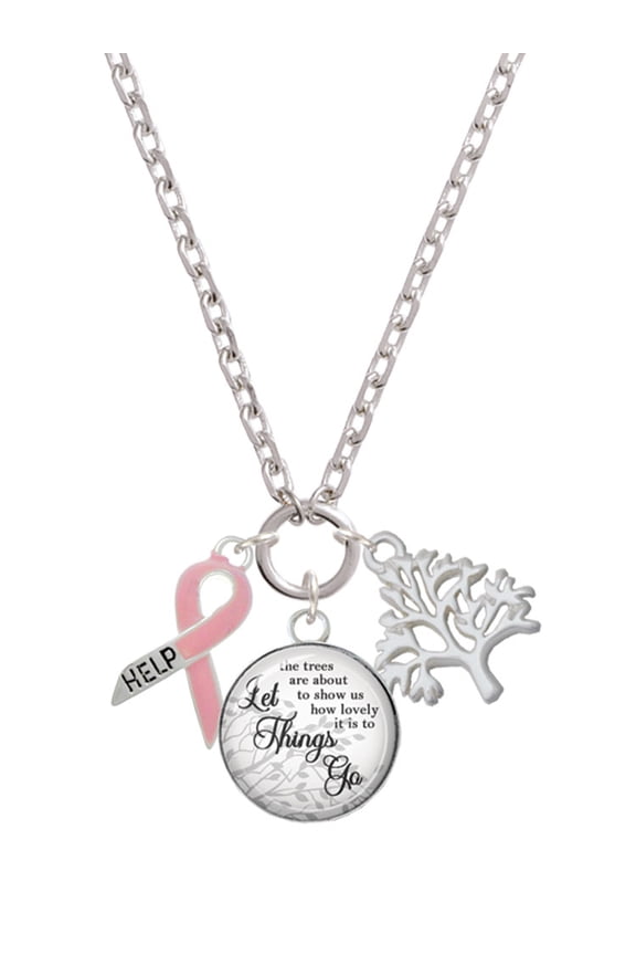 Pink Ribbon ''Help'' Let Things Go Fall Zoey Charm Necklace, 28"