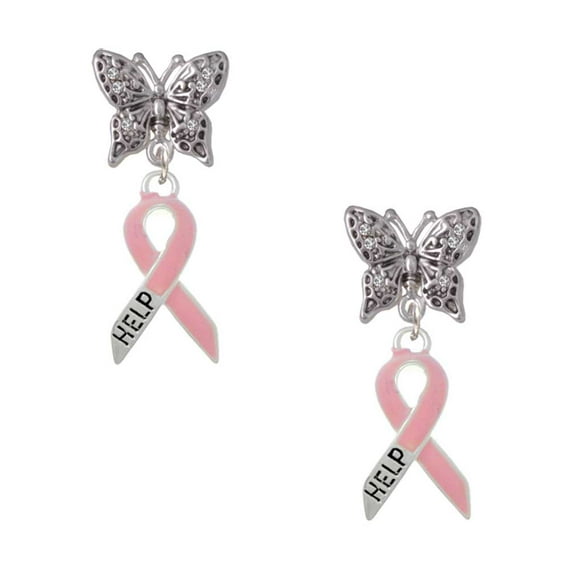 Delight Jewelry Pink Ribbon ''Help'' Silvertone Antiqued Butterfly Post Earrings
