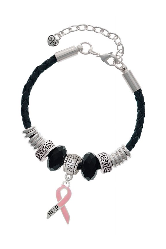 Pink Ribbon ''Help'' Wife Celtic Knot Leather Bead Bracelet, 7"+2" Extender