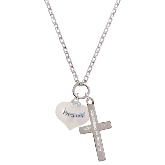 Delight Jewelry Precious White Heart with Baby Feet Be Strong and Courageous Engraved Cross Zoey Necklace, 28"