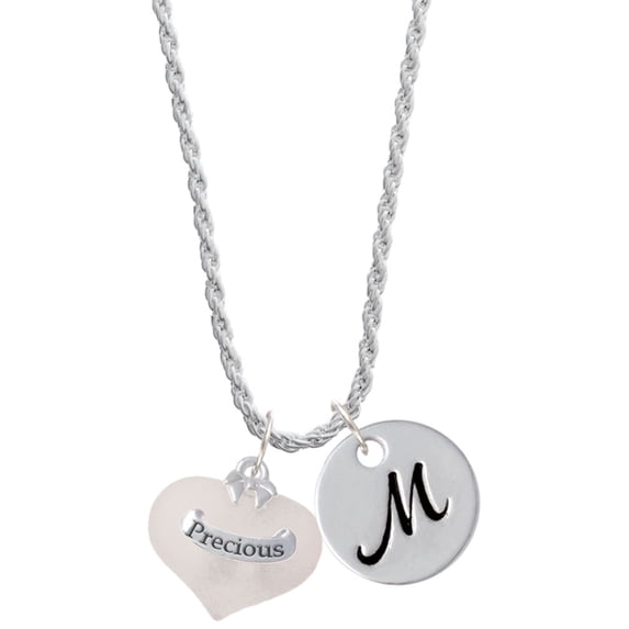 Delight Jewelry Precious White Heart with Baby Feet Silvertone Script Initial Disc - M - Charm Necklace, 20"+3"