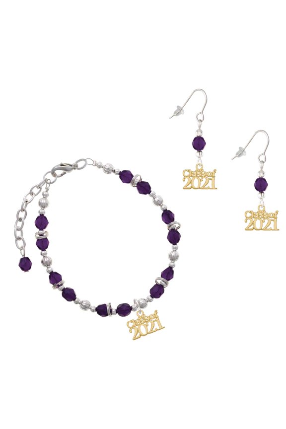 Purple Beaded Bracelet and Earring Set, featuring Gold-tone Class of 2021 Charms
