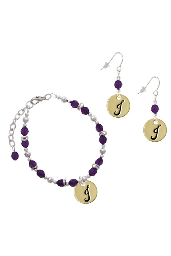 Purple Beaded Bracelet and Earring Set, featuring Gold-tone Large Disc Letter J 3/4'' Charms