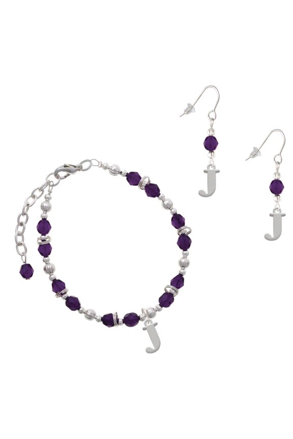 Purple Beaded Bracelet and Earring Set, featuring Silver Plated Large Initial J Charms