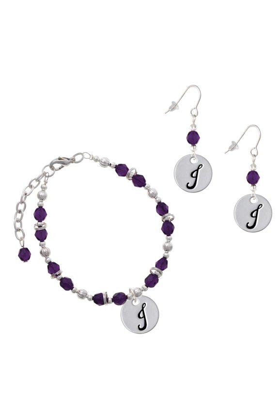 Purple Beaded Bracelet and Earring Set, featuring Silver Plated Large Script Letter J 3/4'' Disc Charms