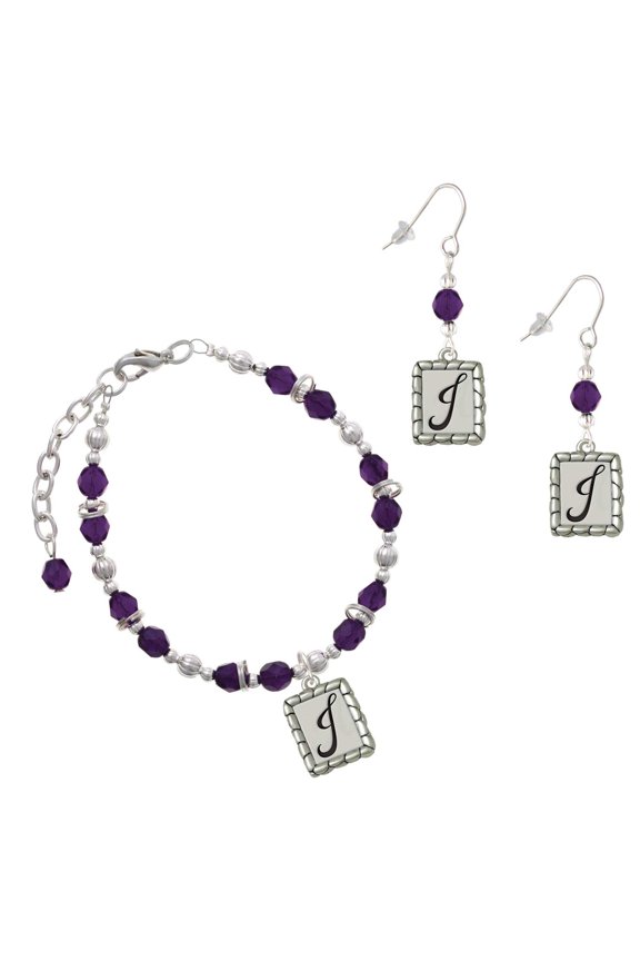 Purple Beaded Bracelet and Earring Set, featuring Silver Plated Pebble Border Initial J Charms