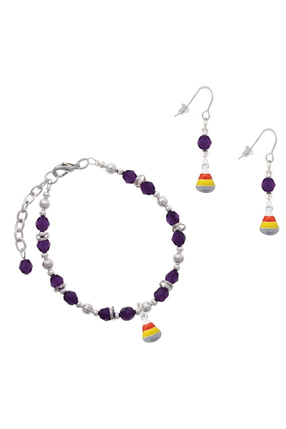Purple Beaded Bracelet and Earring Set, featuring Silver Plated Small 3-D Enamel Candy Corn Charms