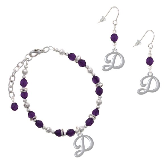 Delight Jewelry Purple Beaded Bracelet and Earring Set, featuring Silver Plated Small Gelato Script Initial D Charms