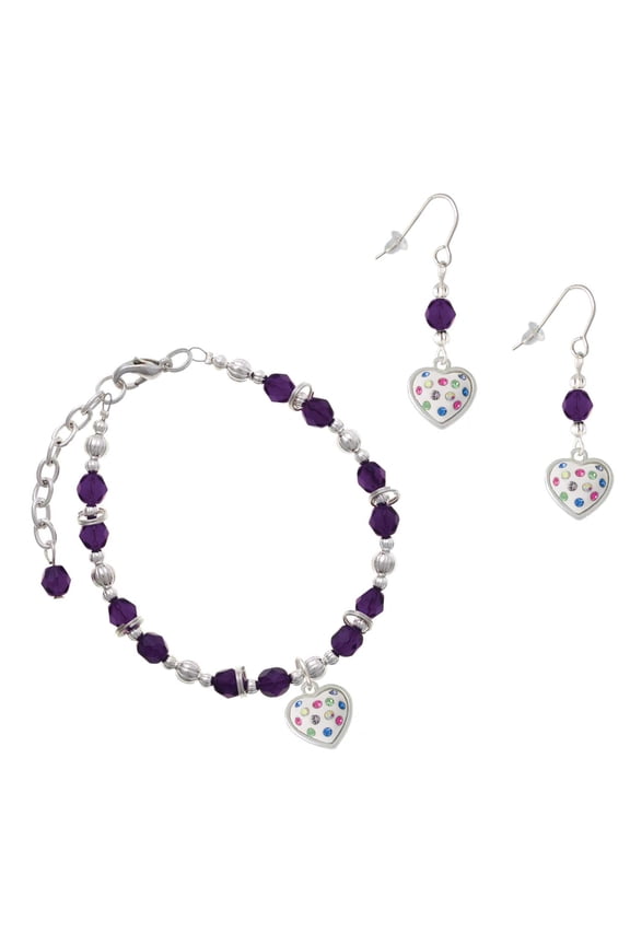 Purple Beaded Bracelet and Earring Set, featuring Silver Plated White Resin Heart with Spring Crystals Charms