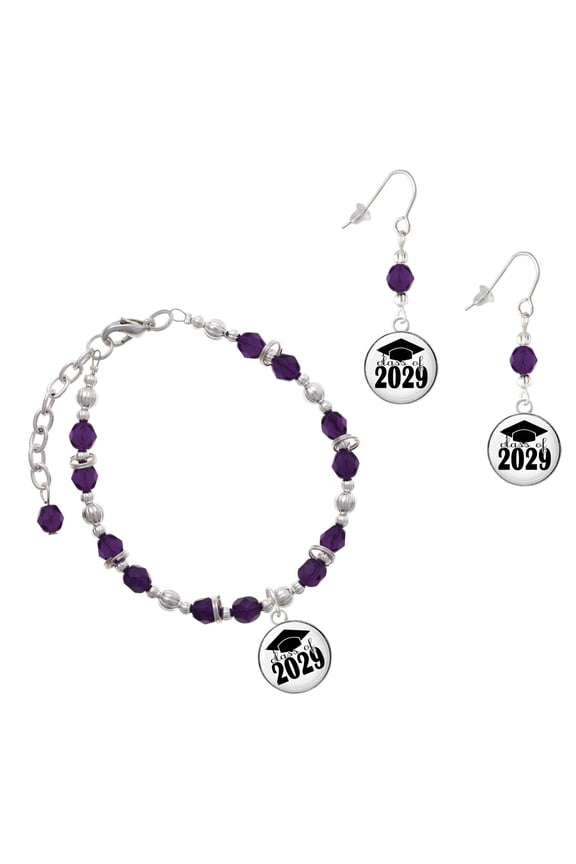Purple Beaded Bracelet and Earring Set, featuring Silver-tone Domed Cursive Class of 2029 Charms