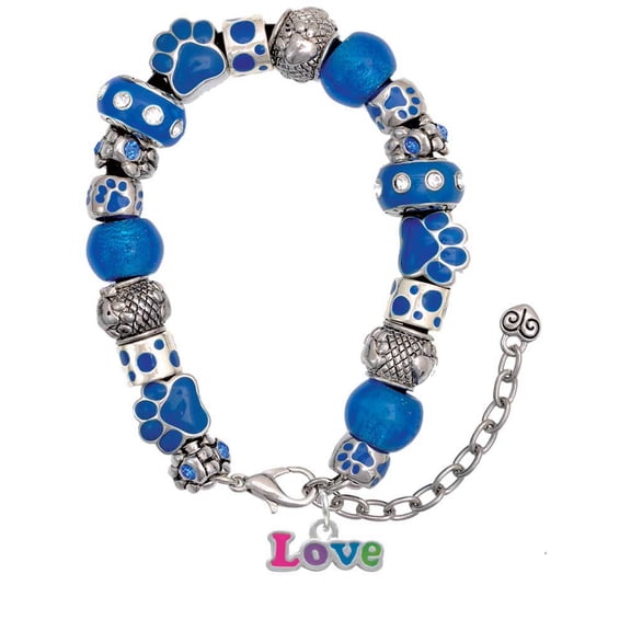 Delight Jewelry Rainbow Colored ''Love'' Blue Paw Print Bead Bracelet, 7"+2"