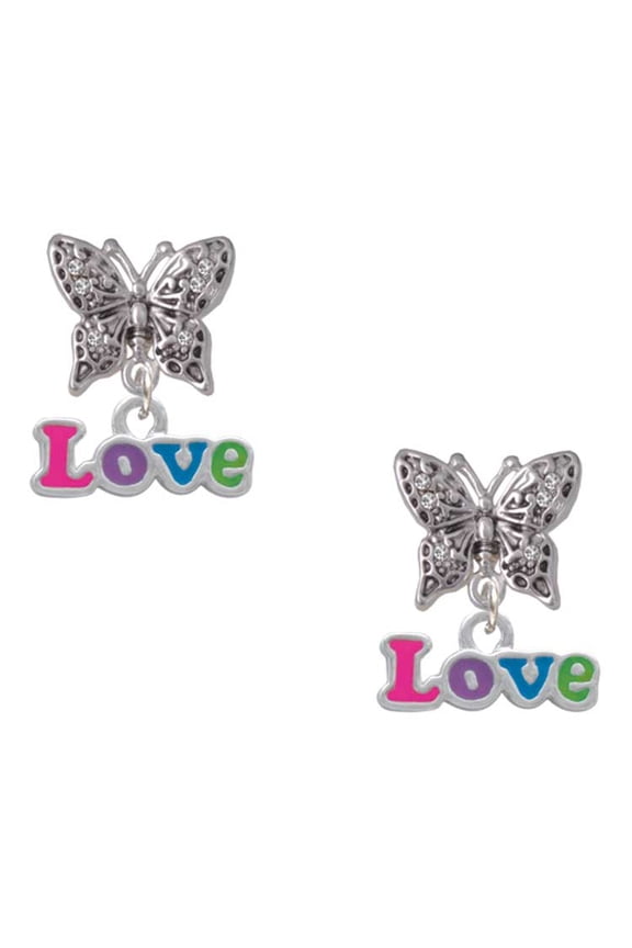 Rainbow Colored ''Love'' Silvertone Antiqued Butterfly Post Earrings