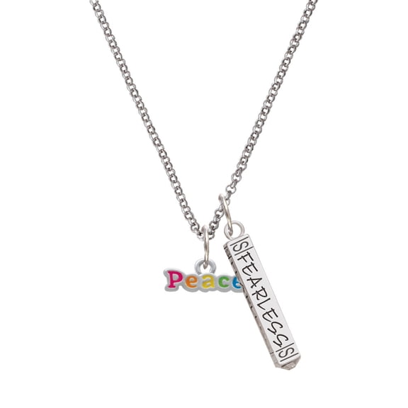 Delight Jewelry Rainbow Colored ''Peace'' Silvertone Fearless Bar Charm Necklace, 23"