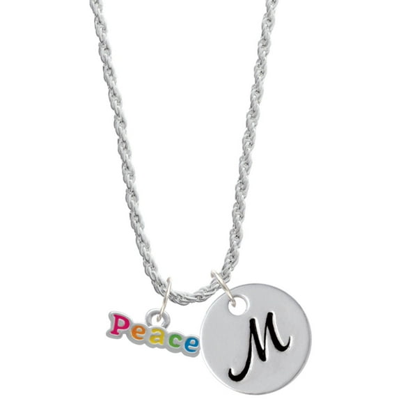 Delight Jewelry Rainbow Colored ''Peace'' Silvertone Script Initial Disc - M - Charm Necklace, 20"+3"