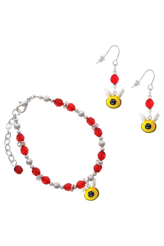 Red Beaded Bracelet and Earring Set, featuring Resin Bumble Bee Charms