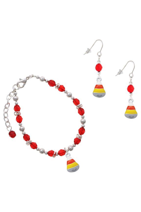 Red Beaded Bracelet and Earring Set, featuring Silver Plated 3-D Enamel Candy Corn Charms