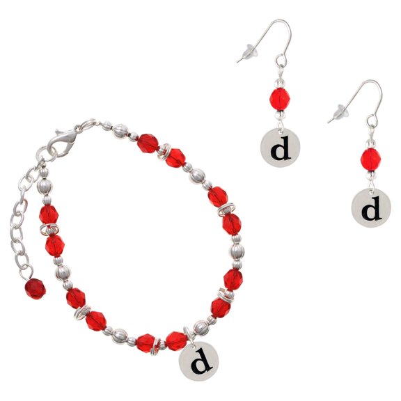 Delight Jewelry Red Beaded Bracelet and Earring Set, featuring Silver Plated Disc 1/2'' Initial d Charms