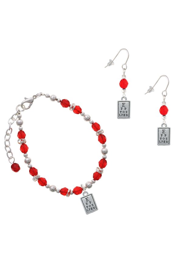 Red Beaded Bracelet and Earring Set, featuring Silver Plated Eye Chart Charms