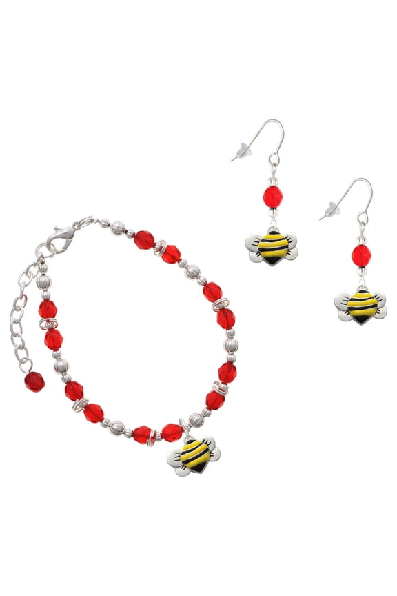 Red Beaded Bracelet and Earring Set, featuring Silver Plated Large Enamel Bumble Bee Charms