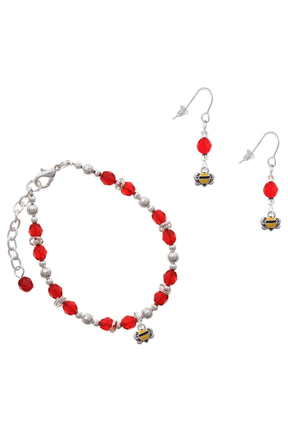 Red Beaded Bracelet and Earring Set, featuring Silver Plated Mini Bumble Bee Charms