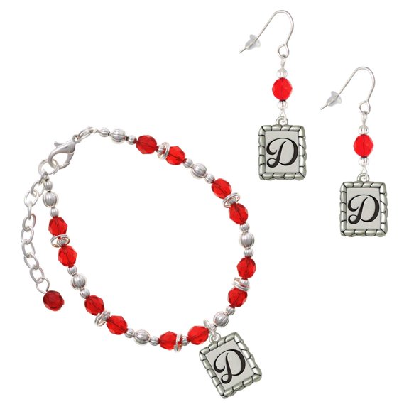 Delight Jewelry Red Beaded Bracelet and Earring Set, featuring Silver Plated Pebble Border Initial D Charms