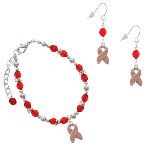 Delight Jewelry Red Beaded Bracelet and Earring Set, featuring Silver Plated Pink Ribbon with Stitching Charms