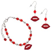 Delight Jewelry Red Beaded Bracelet and Earring Set, featuring Silver Plated Red Enamel Vampire Lips Charms