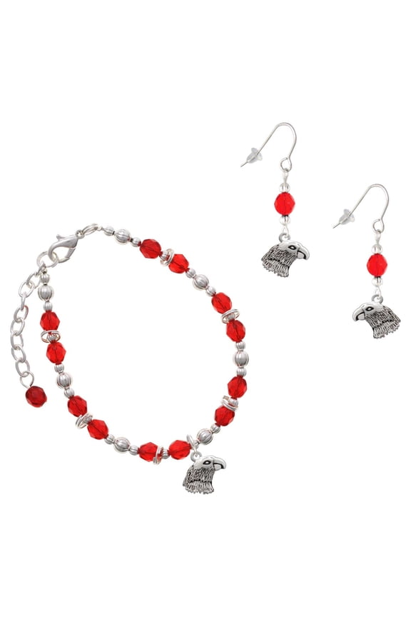 Red Beaded Bracelet and Earring Set, featuring Silver Plated Small Falcon Mascot Charms
