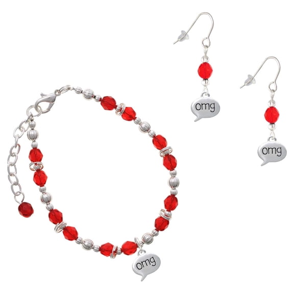 Delight Jewelry Red Beaded Bracelet and Earring Set, featuring Silver Plated Text Chat omg Oh My God Charms