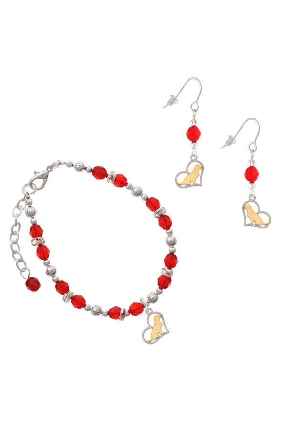 Red Beaded Bracelet and Earring Set, featuring Two-tone Labrador Silhouette Heart Charms