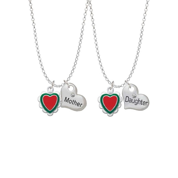 Delight Jewelry Red & Green Heart with White Ruffles Mother & Daughter Heart Necklaces (Set of 2), 19"+2"