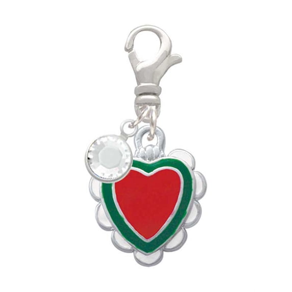 Delight Jewelry Red & Green Heart with White Ruffles - Silvertone Clip on Charm with Clear Crystal Drop