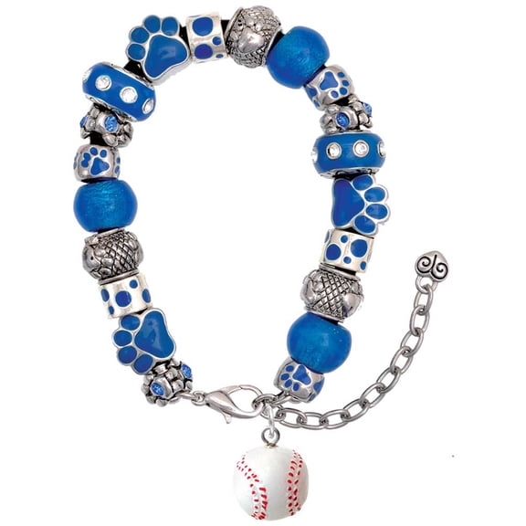 Delight Jewelry Resin 1/2" Baseball Blue Paw Print Bead Bracelet, 7"+2"