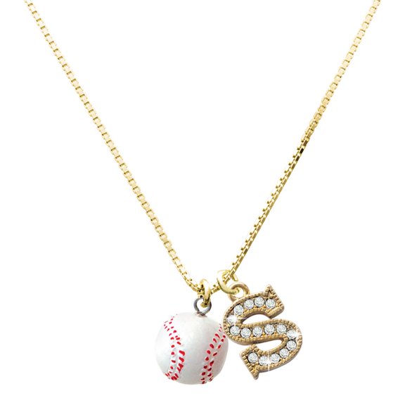 Delight Jewelry Resin 1/2" Baseball - Large Goldtone Crystal Initial - S - Charm Necklace, 17.5"+2"