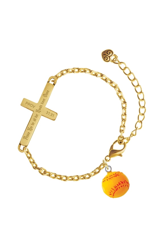 Resin 1/2" Softball - Gold Tone Proverbs 31:31 Praise Her for all Her Hands have Done Engraved Cross Charm Bracelet, 6.5+1.5" Extender